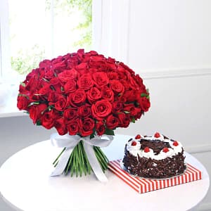 50 Red Roses Bunch with Black Forest Cake