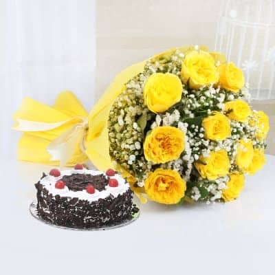 12 Yellow Rose Bunch with Black Forest Cake